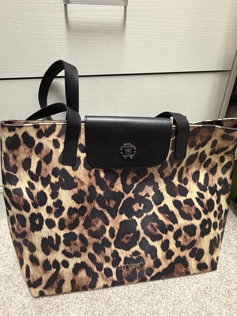 Roberto Cavalli Leopard-Print Tote with Black Trim and Handles